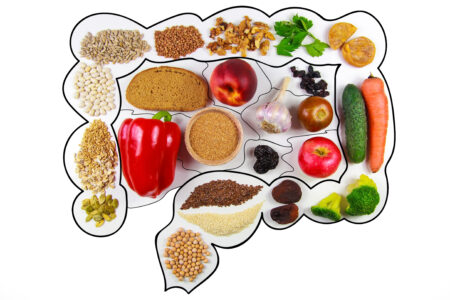 Food for bowel Health. Kefir, Bifidobacteria, greens, apples, fiber, dried fruits, nuts, pepper, whole bread, cereals, broccoli chickpeas flax seed Isolate on a white background